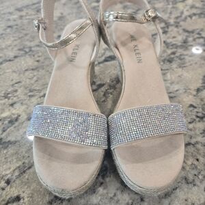 Anne Klein Silver Rhinestone Espadrille Sandals - Gold Straps.